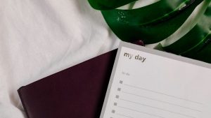 A close-up of a to-do list notebook with lush green leaves on a white textile surface.